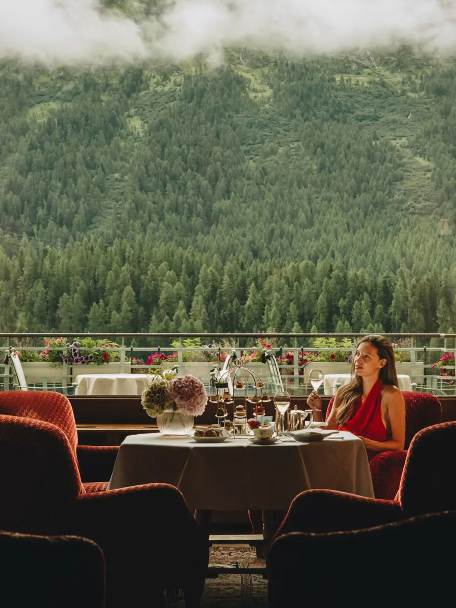 Badrutt's Palace - Outdoor terrace afternoon tea with mountain views